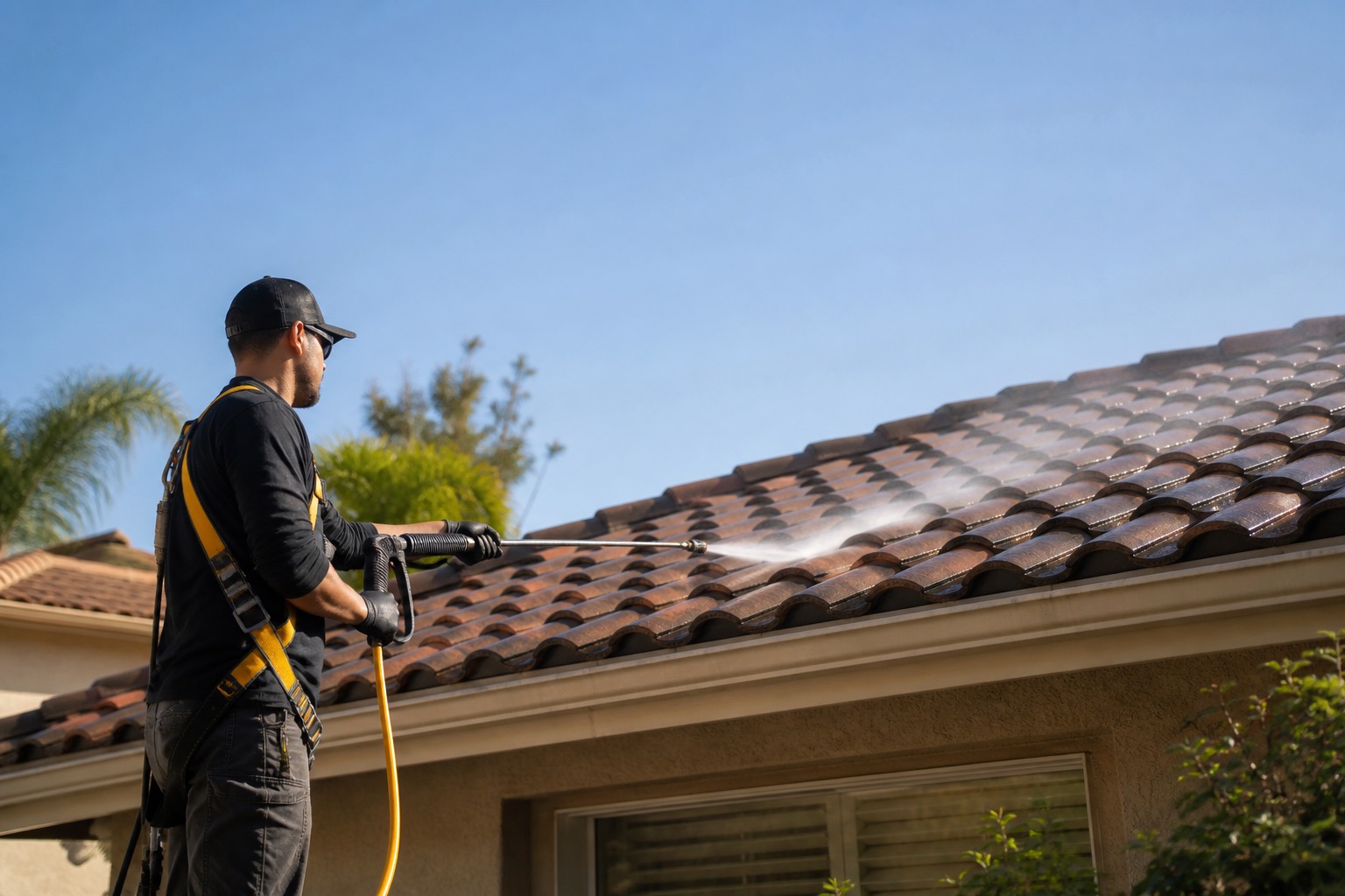 Professional washing of a tile roof on a Southern California home